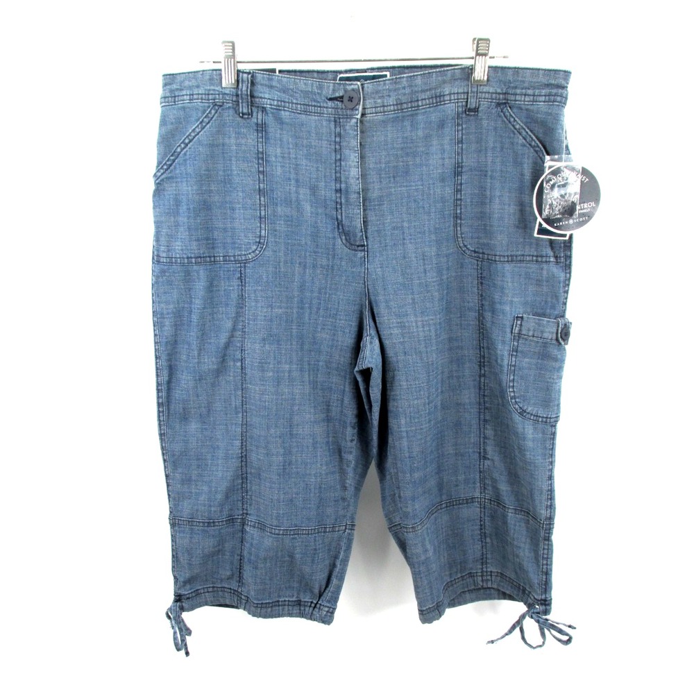 Karen Scott Womens Blue Chambray Skimmer Cargo Capri Pants 16 Tummy Control